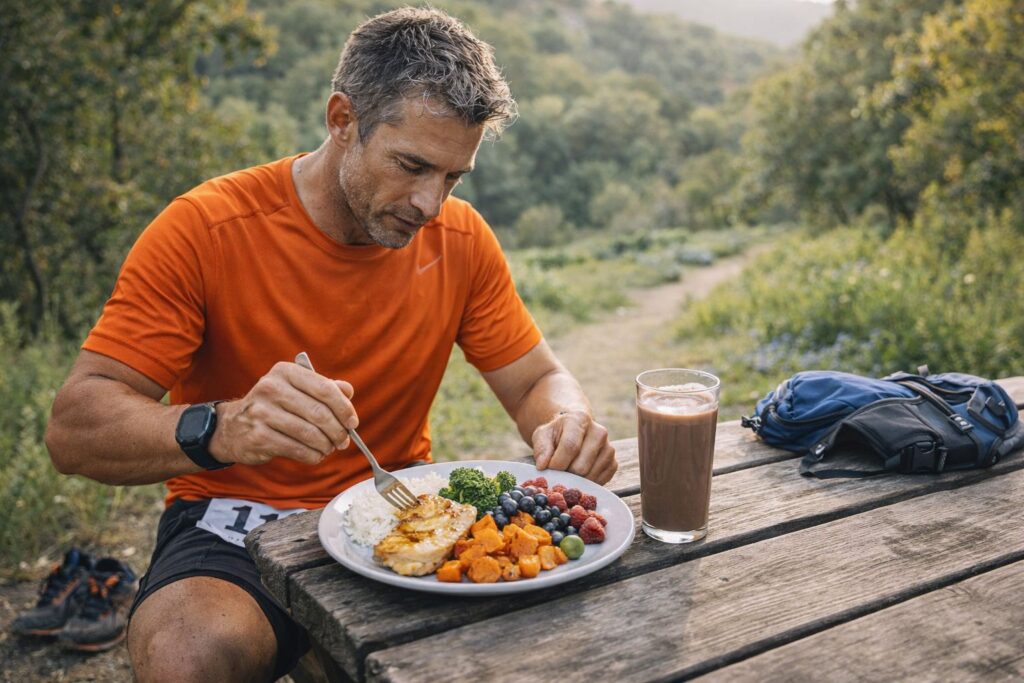 An athlete over 40 refuelling with a meal after a trail run to support energy availability and post-exercise recovery